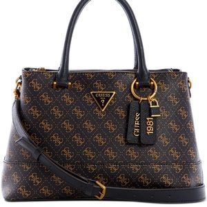 GUESS Brown Monogram Satchel with Gold Hardware